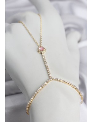 Gold Renk Pirinç Zirkon Taşlı Pembe Kalp Model Şahmeran