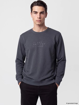 Lc Waikiki Yeni Sezon Antrasit Bisiklet Yaka Baskılı Erkek Sweatshirt
