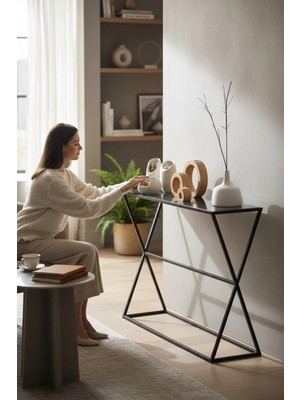 Marvielle Siyah Renk Füme Temper Camlı Metal Konsol - Dresuar
