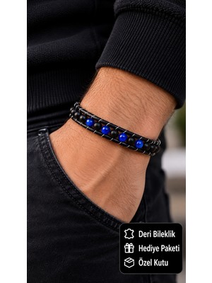Herşey Nota Jorvayne Bluepulse Siyah Deri Erkek Bileklik - Mavi Boncuklu Çift Kordon