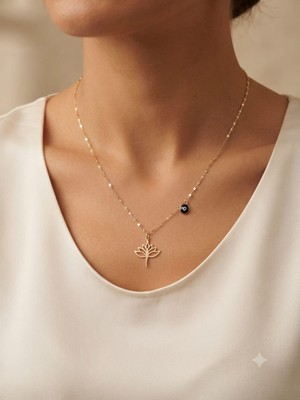 Papatya Silver Orjinal 14 Ayar Sertifikalı Altın Minimalist Aynalı Ezme Zincir Nazar Gözlü Lotus Şans Kolye