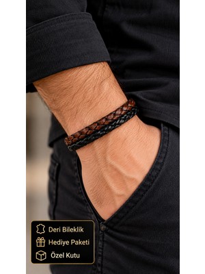 Herşey Nota Cavernis Emberbraid Kahve Siyah Deri Erkek Bileklik - Çift Renk Kalın Örgü