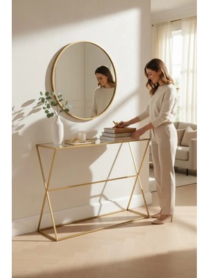 Marvielle Gold Renk Şeffaf Temper Camlı Metal Konsol - Dresuar