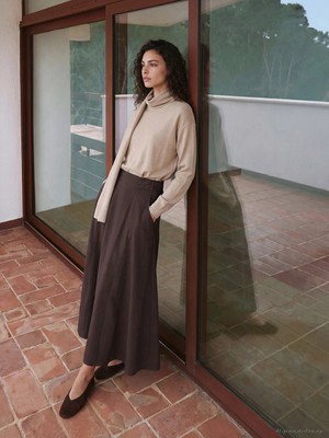 Lc Waikiki Yeni Sezon Kahverengi Beli Lastikli Gabardin Kloş Etek