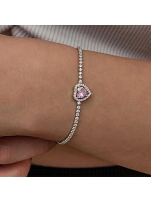Moncuk Design Gümüş Pembe Taşlı Kalpli Su Yolu Bileklik