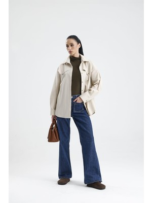Gaca Collection Ronda Kadın Oversize Bej Gömlek