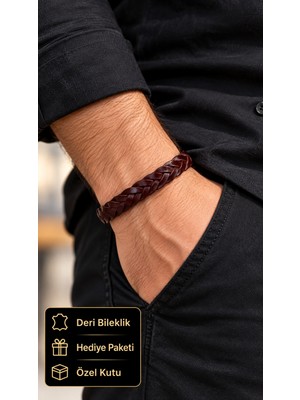 Herşey Nota Vermellor Winebraid Bordo Deri Erkek Bileklik - Çift Sıra Kalın Örgü