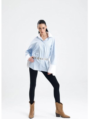 Gaca Collection Harissa Geniş Beyaz Manşetli Çizgili Oversize Gömlek