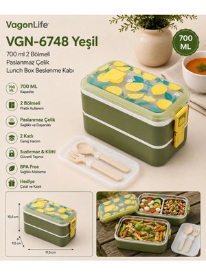 Marvielle Yeşil 700 ml 2 Katlı Paslanmaz Çelik Beslenme Kabı - Beslenme Çantası