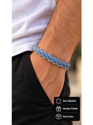 Herşey Nota Aurelith Skyweave Bej Mavi Deri Erkek Bileklik - Iki Renkli Kalın Örgü
