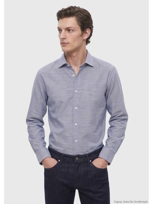 Ramsey Mavi Düz Casual Fit Uzun Kumaş Casual %100 Pamuk Gömlek