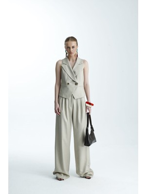 Gaca Collection Wonita Bej Blazer Yaka Yelek ve Palazzo Pantolon Takım