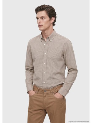 Ramsey Bej Casual Fit Uzun Dokuma Casual %100 Pamuk Gömlek