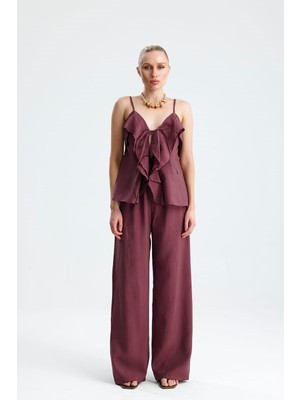 Gaca Collection Lavanda Ön Volanlı Bağcıklı Bluz ve Pantolon Mürdüm Takım