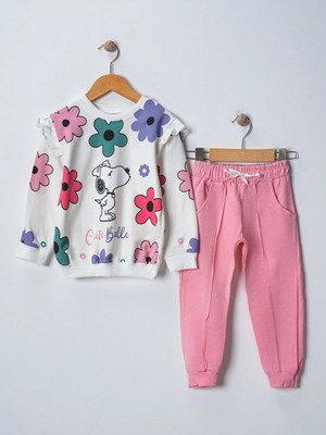 Veramoni Kız Çocuk Cute Belle Çiçek Baskılı Uzun Kollu Eşofman Sweatshırt Takım