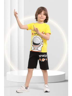 Veramoni Yazlık  Çocuk Space  Baskılı Kısa Kollu Bisiklet Yaka T-Shirt Şort  Alt Üst Takım