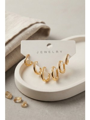 Zenviaa Gold Renk Zirkon Taşlı Pirinç Ince Kare Halka Model Kadın Küpe Seti ZENVIAA365423