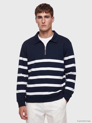 Lc Waikiki Yeni Sezon Lacivert Polo Yaka Çizgili Erkek Sweatshirt