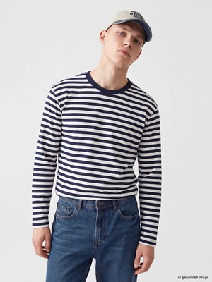 Lc Waikiki Yeni Sezon Lacivert Bisiklet Yaka Çizgili Erkek Sweatshirt