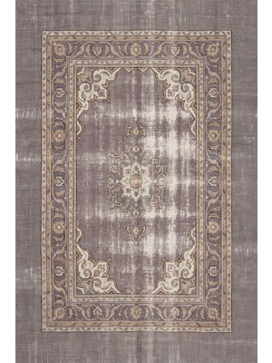 Rugzella Oxlip Vintage Soluk Madalyon Desenli Gri Mor Antrasit Halı Yıkanabilir Halı
