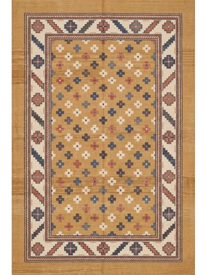 Rugzella Hardal Sarısı Bohem Geometrik Kademeli Desen, Fildişi Lacivert Yıkanabilir Halı