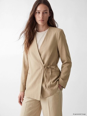 Lc Waikiki Yeni Sezon Kahverengi Kruvaze Yaka Bağlamalı Oversize Kadın Blazer Ceket
