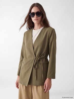 Lc Waikiki Yeni Sezon Haki Kruvaze Yaka Bağlamalı Oversize Kadın Blazer Ceket