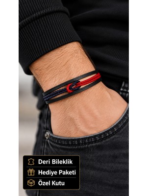 Herşey Nota Ravellor Crimsonloop Siyah Deri Erkek Bileklik - Kırmızı Lacivert Düğüm Detay