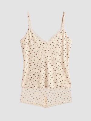 Lc Waikiki Yeni Sezon Ekru Ip Askılı Çiçekli Kadın Şortlu Pijama Takımı