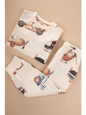 Cigit Desenli Pijama Takımı 2-8 Yaş Ekru Uçak Desen