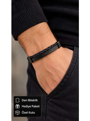 Herşey Nota Zarellon Blackridge Siyah Deri Erkek Bileklik - Geniş Bant Üzeri Ince Örgü