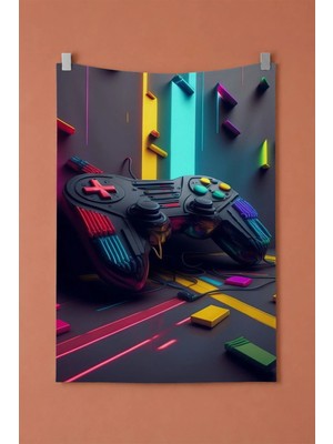 Neon Gamer Oda Duvar Örtüsü, Oyuncu Masası Temalı Dekoratif Kumaş Duvar Halısı