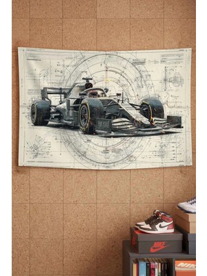 Formula 1 Yarış Aracı Teknik Çizim Dekoratif Duvar Örtüsü Duvar Halısı