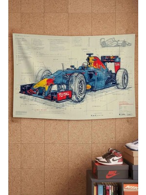 Red Bull Formula 1 Yarış Aracı Blueprint Dekoratif Duvar Örtüsü Duvar Halısı