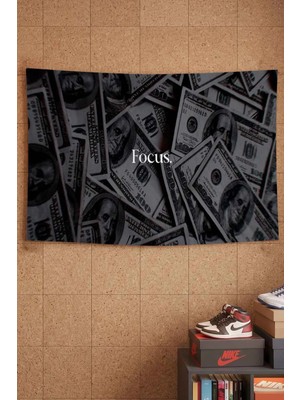 Focus 100 Dolar Para Kolajı Siyah Dekoratif Duvar Örtüsü Duvar Halısı