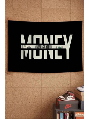 Money Dolar Yazı Temalı Siyah Dekoratif Duvar Örtüsü Duvar Halısı