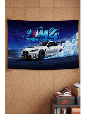 Bmw M4 Beyaz Spor Araba Drift Graffiti Dekoratif Duvar Örtüsü Duvar Halısı