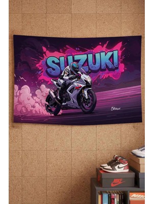 Suzuki Gsx-R Beyaz Yarış Motoru Graffiti Dekoratif Duvar Örtüsü Duvar Halısı