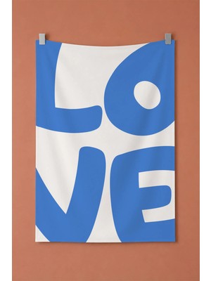 Love Mavi Tipografi Yazı Temalı Modern Dekoratif Duvar Örtüsü Duvar Halısı