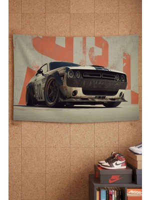 Dodge Challenger Vintage Yarış Aracı Dekoratif Duvar Örtüsü Duvar Halısı