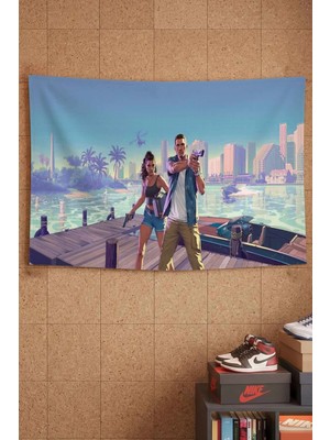 Gta 6 Miami Sahil Silahlı Karakterler Dekoratif Duvar Örtüsü Duvar Halısı