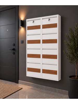 Arinna 4+4 Kilitli Beyaz Desenli 16 Çift Kapasiteli Metal Ayakkabılık
