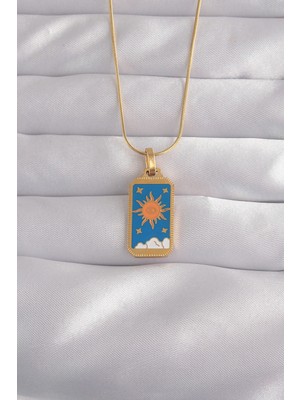 aklow akyoleticaret 316L Çelik Gold Renk Mavi Mineli Güneş Model Tarot Kolye