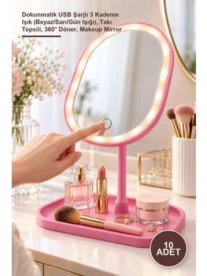 Yenilig 10 Adet Işıklı Oval Makyaj Aynası – Dokunmatik USB Şarjlı 3 Kademe Işık (Beyaz/sarı/gün Işığı), Takı Tepsili, 360° Döner, Makeup Mirror