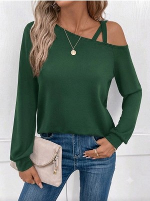 Lune Store Kadın Uzun Kollu Tek Omuzdan Çapraz Şerit Detaylı Viskon Iki Iplik Bluz