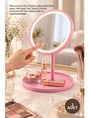 Yenilig 3 Adet Yuvarlak Işıklı Makyaj Aynası – Dokunmatik LED 3 Kademe (Beyaz/sarı/gün Işığı), USB Şarjlı Takı Tepsili, Yüksek Çözünürlüklü Cam, Makeup Mirror