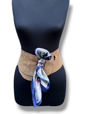 Yılday Gür Butik Kadın Taba Mavi Fular Detaylı Nubuk Deri Kemer - Monet Tasarım Korse Kemer - Standart Beden