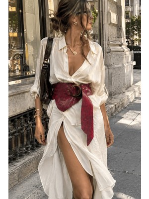 Yılday Gür Butik Kadın Kırmızı Dokulu Desenli Halka Tokalı Geniş Deri Kemer - Amorette Asimetrik Tasarım Korse Kemer - Standart Beden