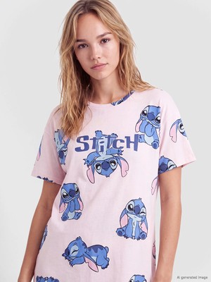 Lc Waikiki Yeni Sezon Pembe Stitch Baskılı Kadın Gecelik