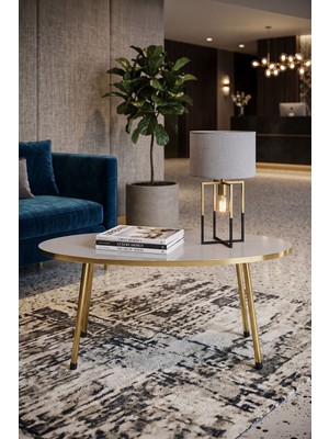 Just Cheap Store Gold Metal Oval Orta Sehpa Beyaz